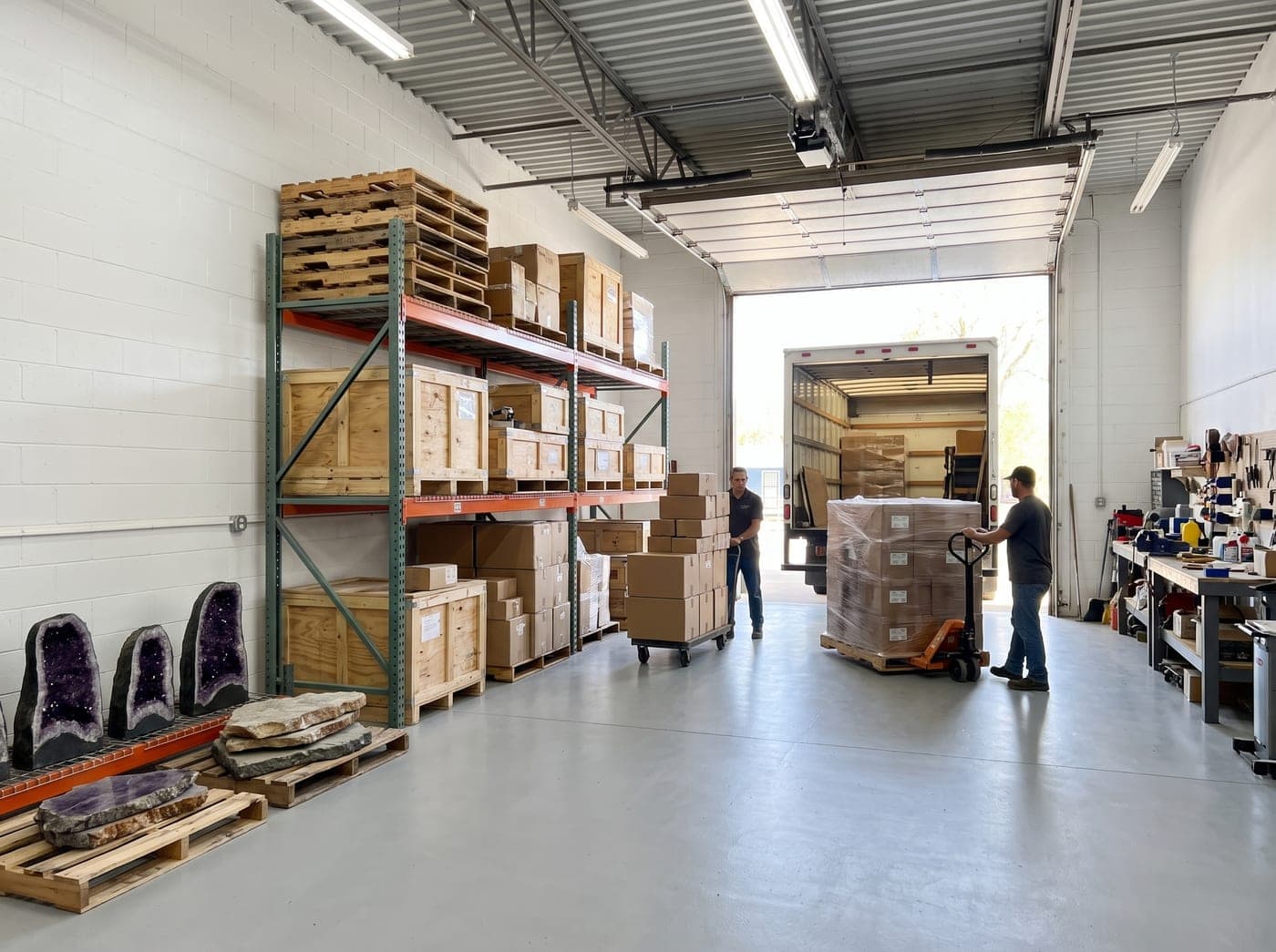A box truck backed into a private warehouse bay, two workers bringing in a pallet past racking stacked with crates, boxes and geodes