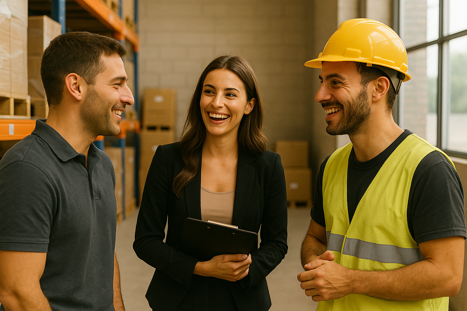 Business professionals meeting in warehouse - contractors, business owners, and property experts discussing commercial space solutions